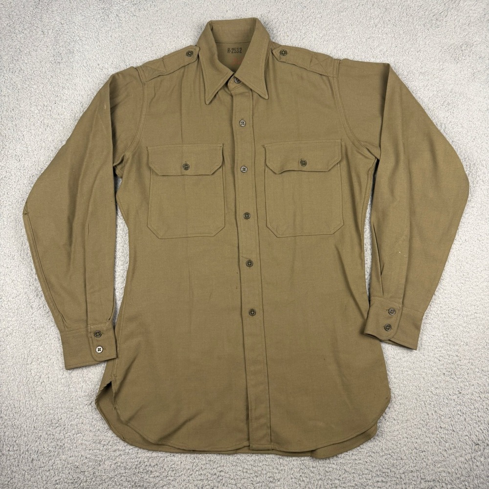 Vintage Military Flannel Shirt Mens 14x32 Brown Wool Korean War 50s